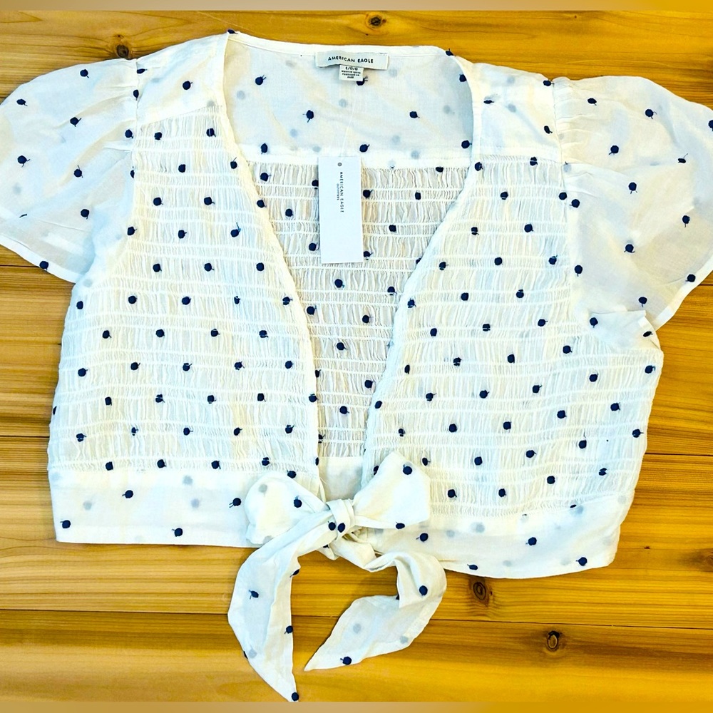NEW American Eagle White/ Blue Polka Dot Tie-front Crop Shirt size Large NWT